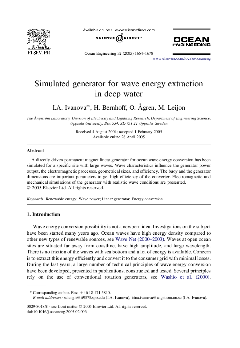 Simulated generator for wave energy extraction in deep water