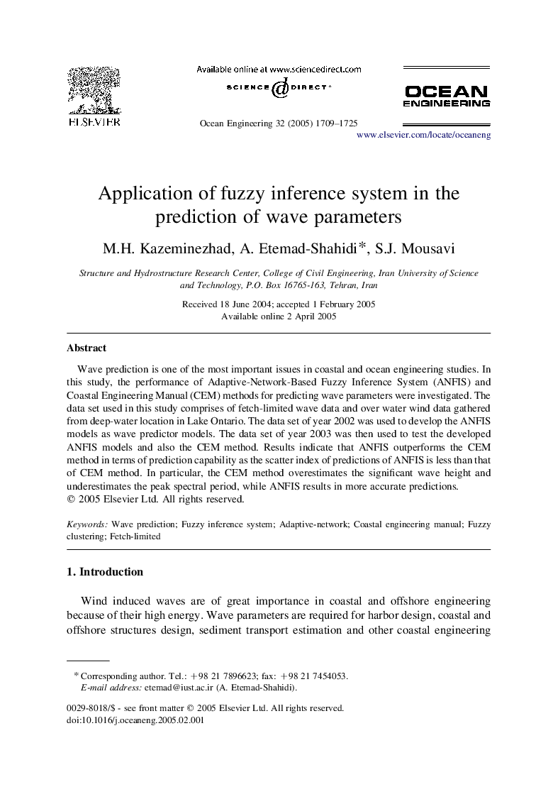 Application of fuzzy inference system in the prediction of wave parameters