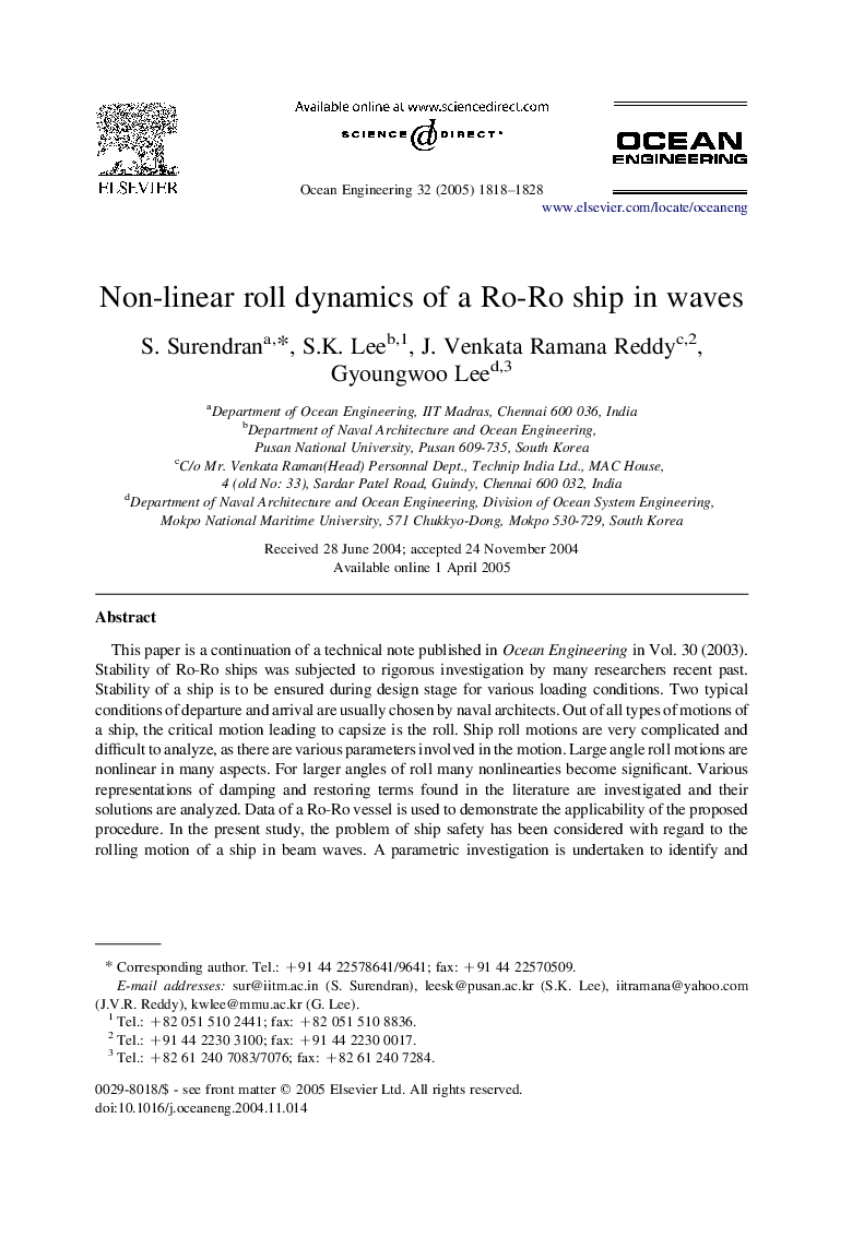 Non-linear roll dynamics of a Ro-Ro ship in waves