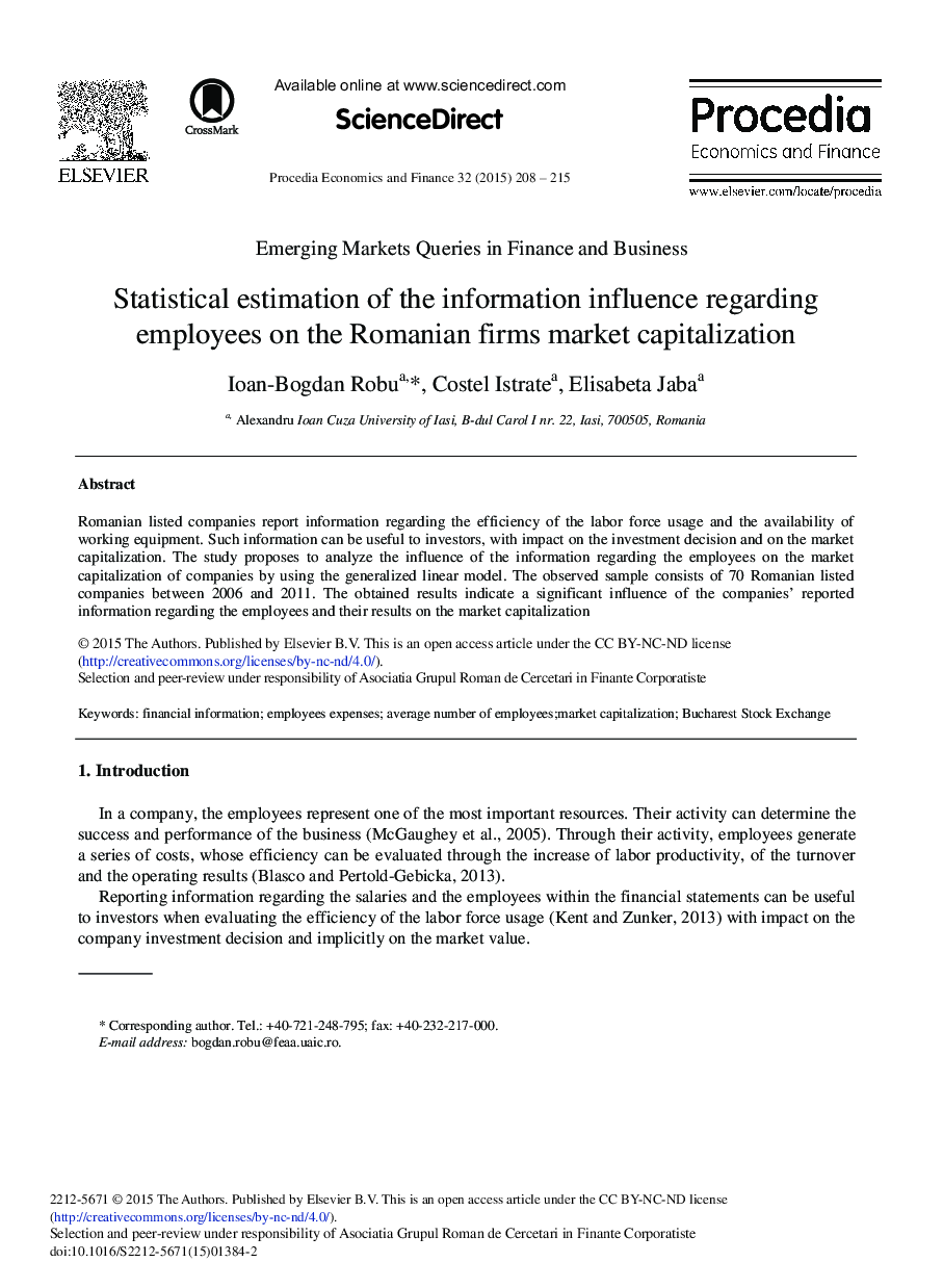 عکس صفحه اول مقاله: Statistical Estimation of the Information Influence Regarding Employees on the Romanian Firms Market Capitalization Statistical Estimation of the Information Influence Regarding Employees on the Romanian Firms Market Capitalization
