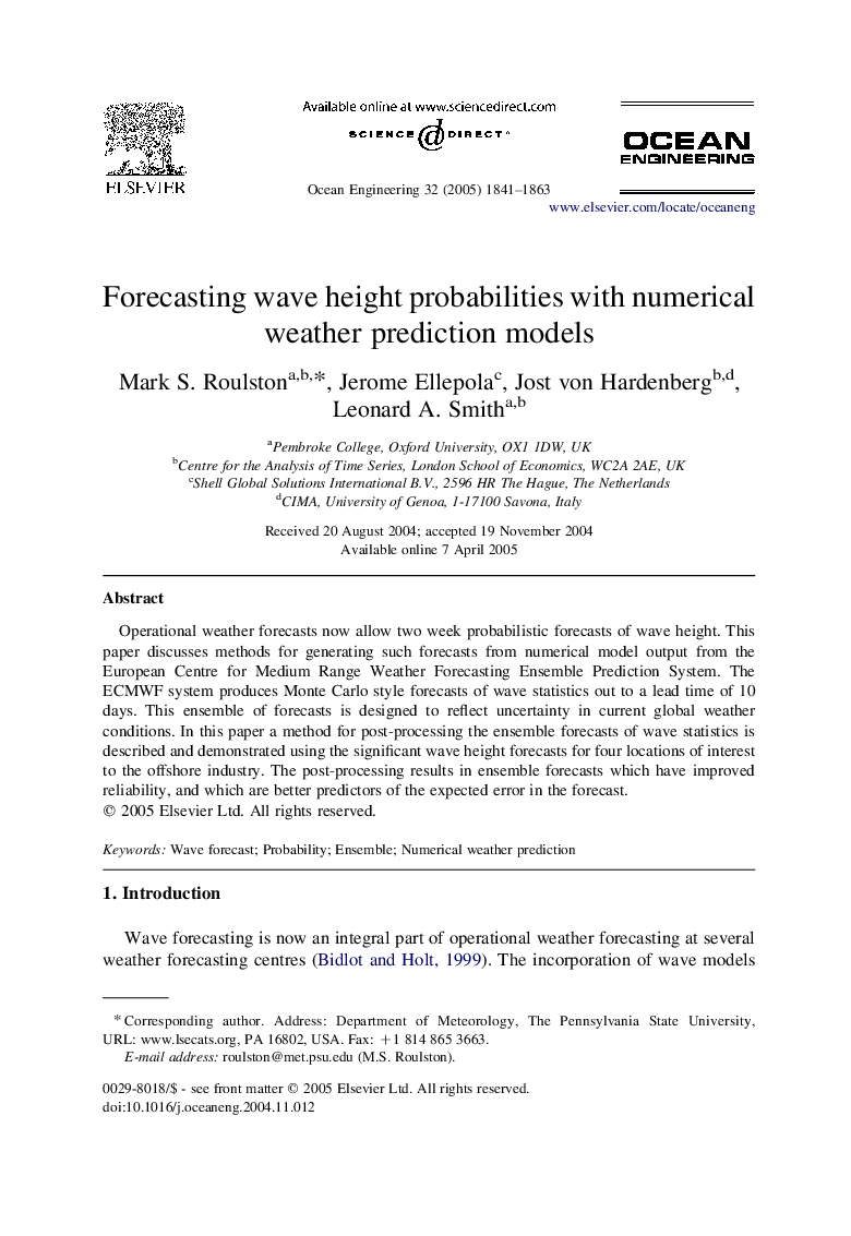 Forecasting wave height probabilities with numerical weather prediction models