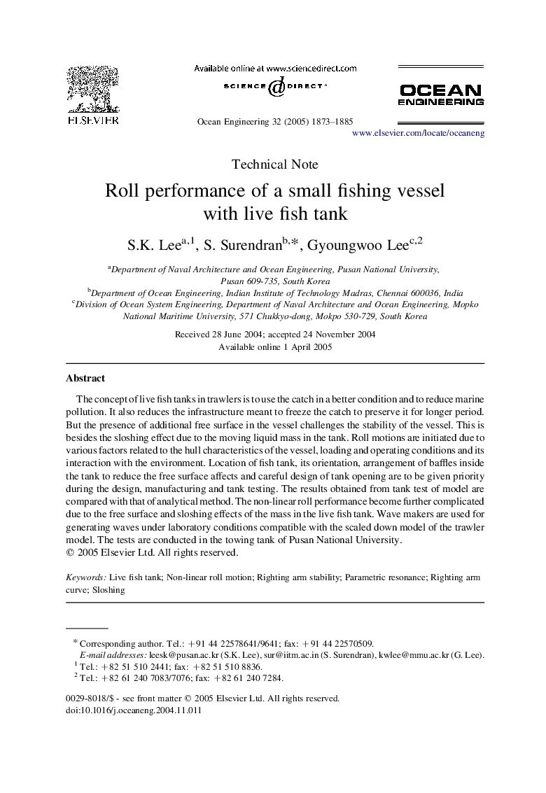 Roll performance of a small fishing vessel with live fish tank