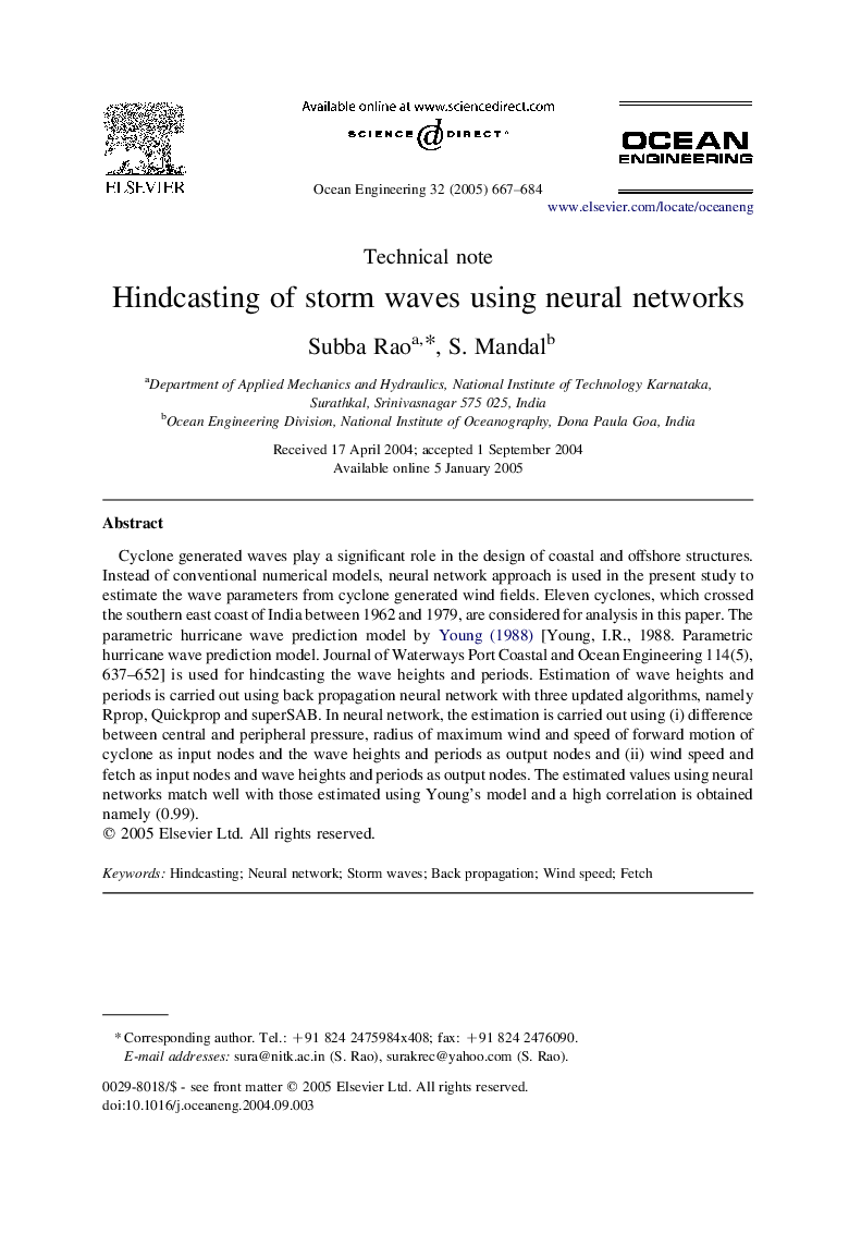 Hindcasting of storm waves using neural networks