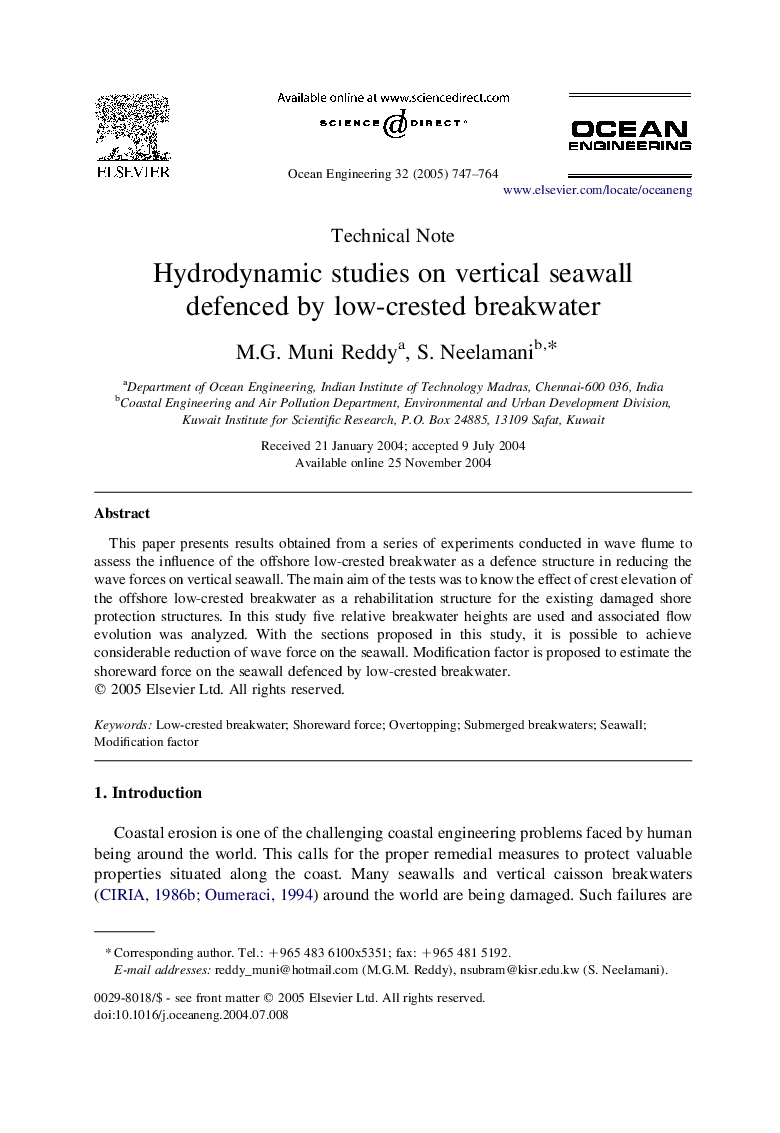 Hydrodynamic studies on vertical seawall defenced by low-crested breakwater