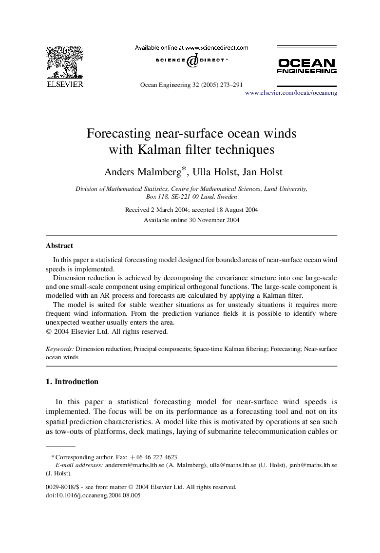Forecasting near-surface ocean winds with Kalman filter techniques
