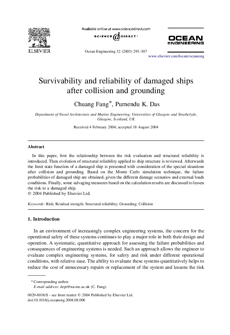 Survivability and reliability of damaged ships after collision and grounding