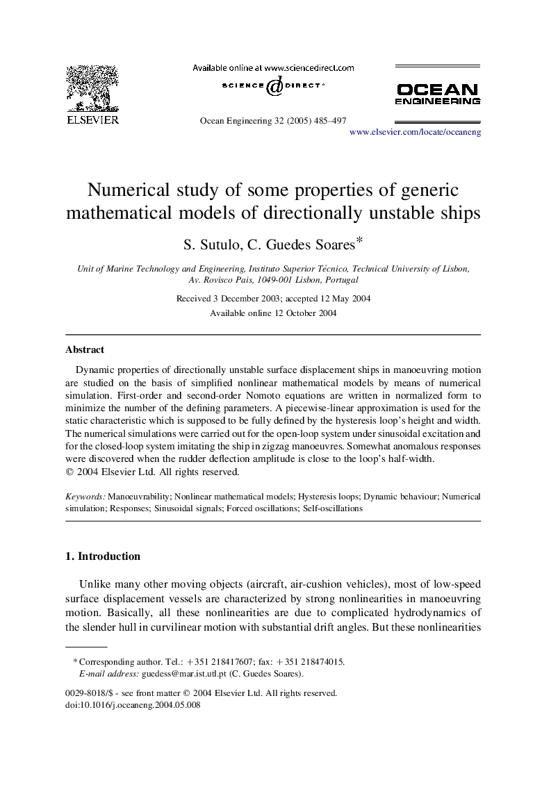 Numerical study of some properties of generic mathematical models of directionally unstable ships