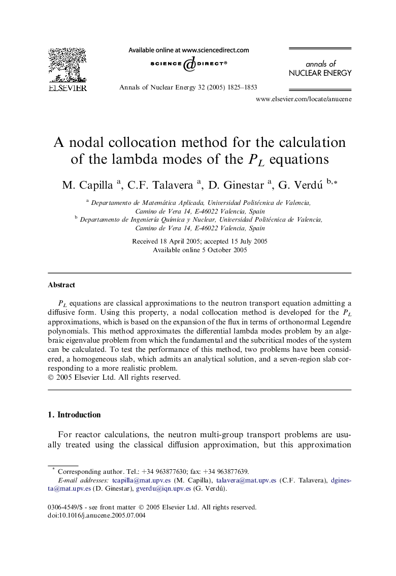 A nodal collocation method for the calculation of the lambda modes of the PL equations