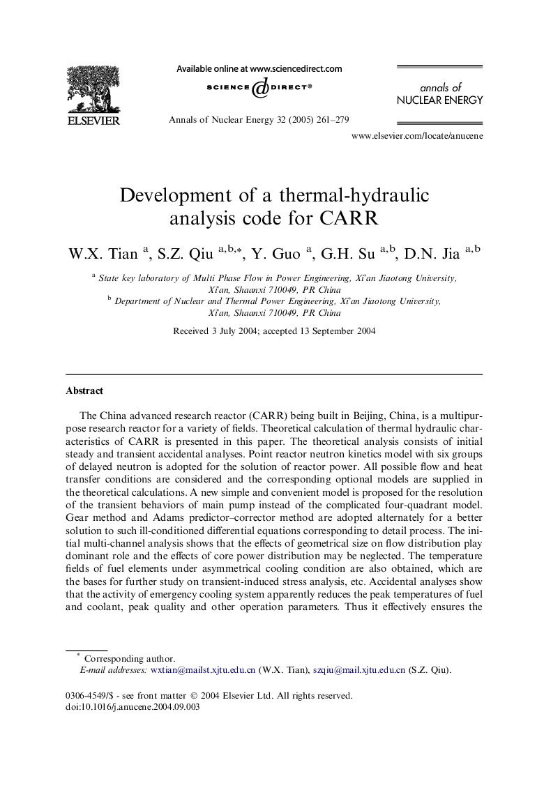 Development of a thermal-hydraulic analysis code for CARR