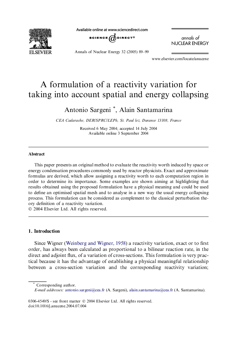 عکس صفحه اول مقاله: A formulation of a reactivity variation for taking into account spatial and energy collapsing A formulation of a reactivity variation for taking into account spatial and energy collapsing