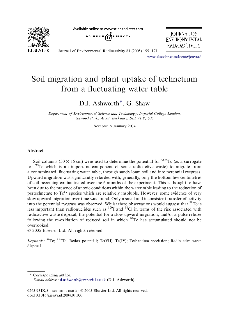 Soil migration and plant uptake of technetium from a fluctuating water table