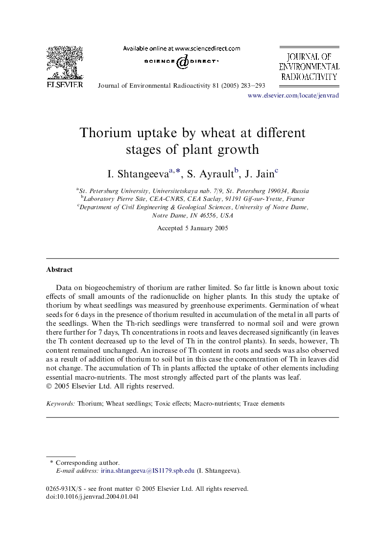 Thorium uptake by wheat at different stages of plant growth