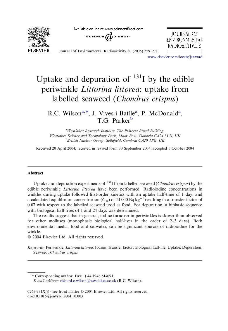 Uptake and depuration of 131I by the edible periwinkle Littorina littorea: uptake from labelled seaweed (Chondrus crispus)