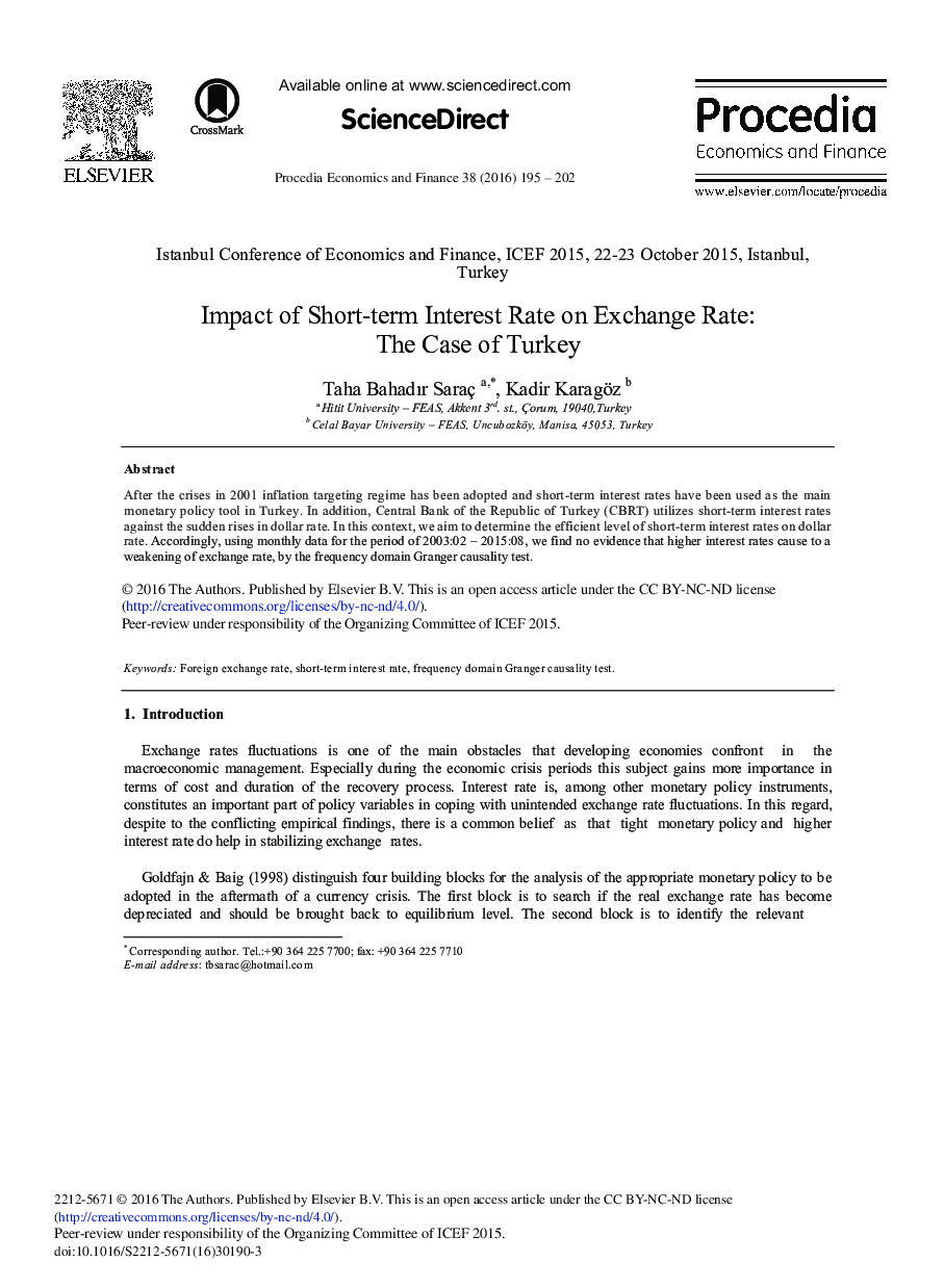 Impact of Short-term Interest Rate on Exchange Rate: The Case of Turkey 