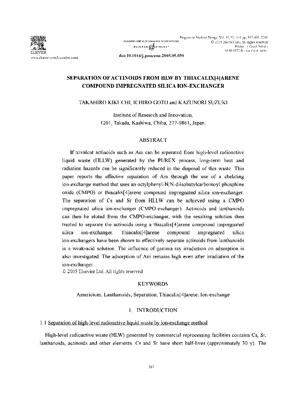 Separation of actinoids from HLW by thiacalix[4]arene compound impregnated silica ion-exchanger