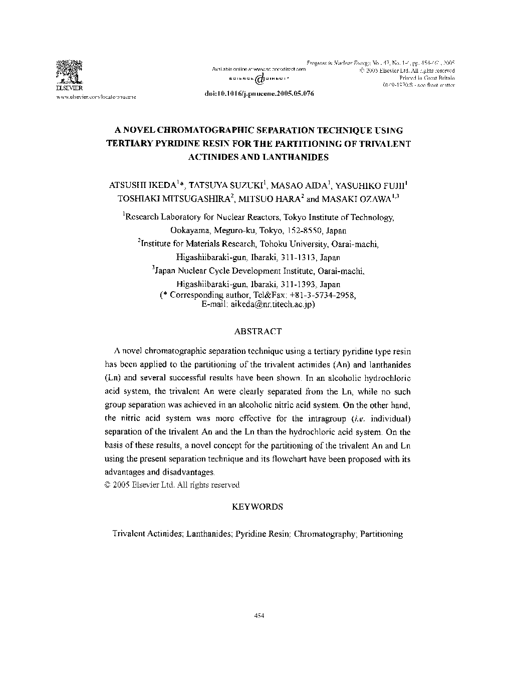 A novel chromatographic separation technique using tertiary pyridine resin for the partitioning of trivalent actinides and lanthanides