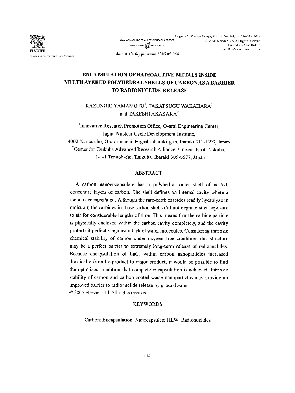 Encapsulation of radioactive metals inside multilayered polyhedral shells of carbon as a barrier to radionuclide release