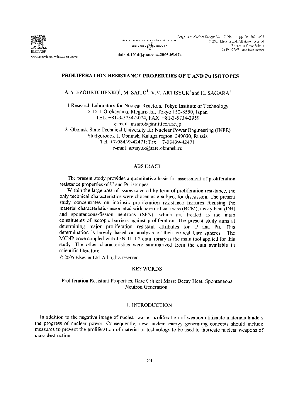 Proliferation resistance properties of u and Pu isotopes