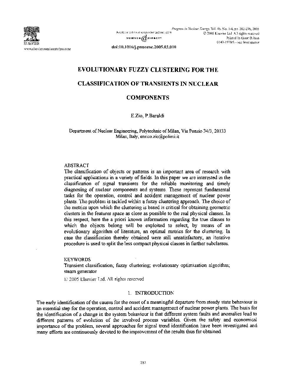 Evolutionary fuzzy clustering for the Classification of transients in nuclear components