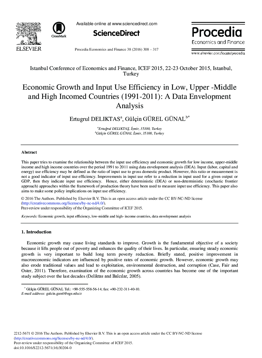 Economic Growth and Input Use Efficiency in Low, Upper -Middle and High Incomed Countries (1991-2011): A Data Envelopment Analysis 