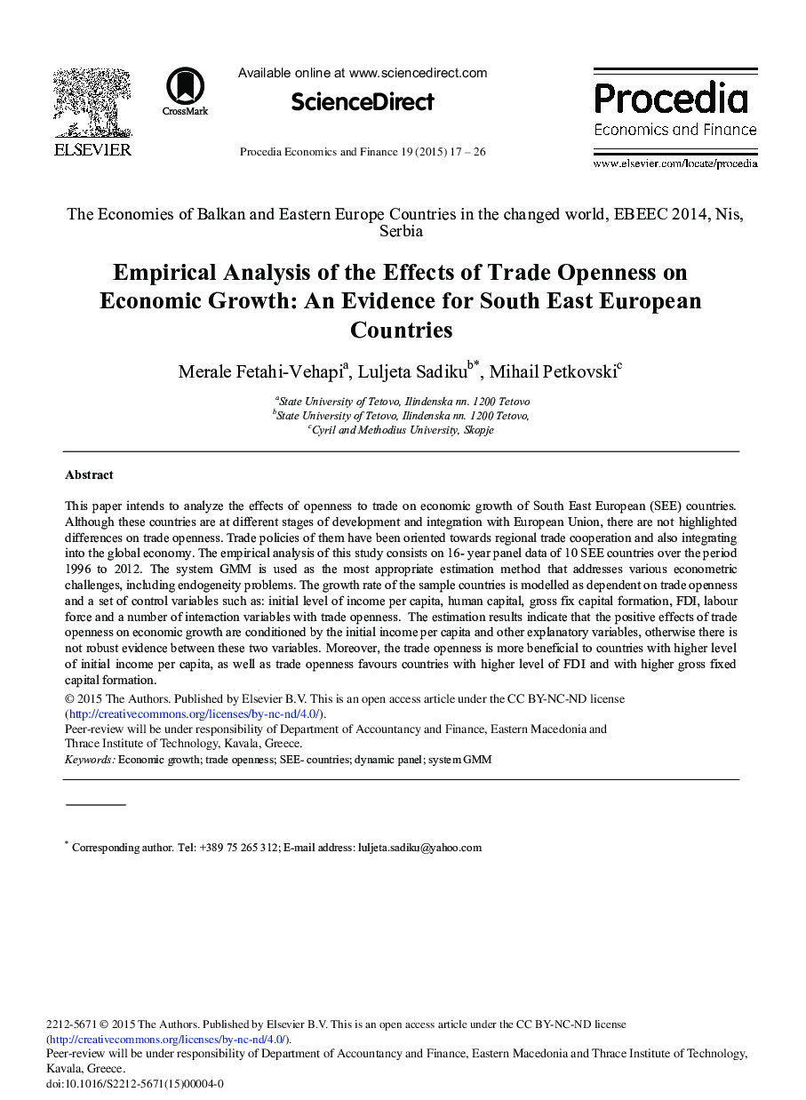 Empirical Analysis of the Effects of Trade Openness on Economic Growth: An Evidence for South East European Countries 