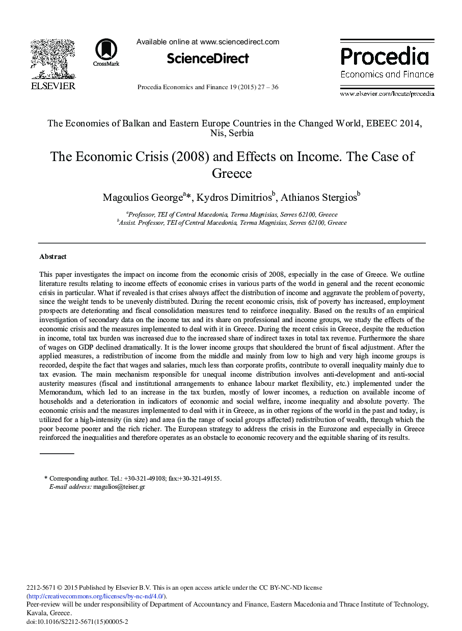 The Economic Crisis (2008) and Effects on Income. The Case of Greece 