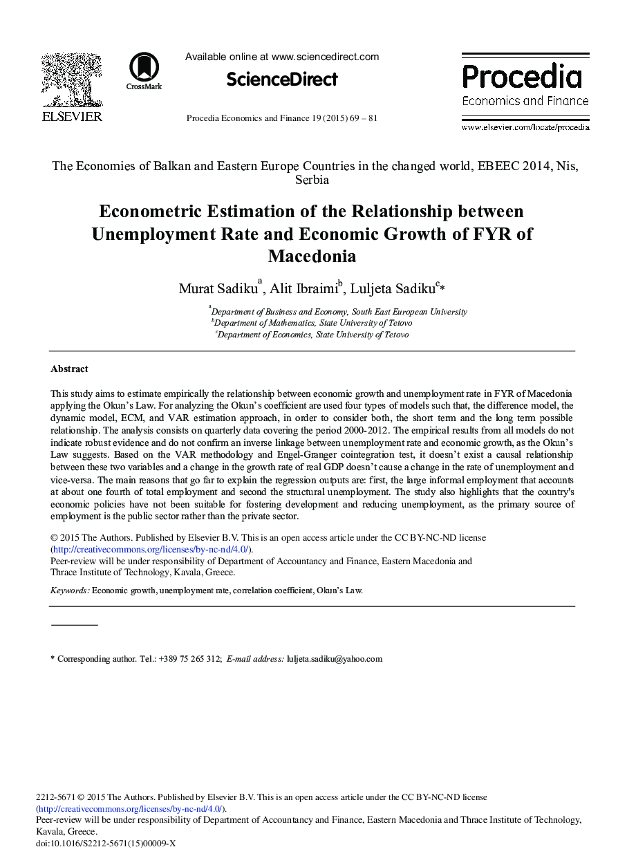 Econometric Estimation of the Relationship between Unemployment Rate and Economic Growth of FYR of Macedonia 