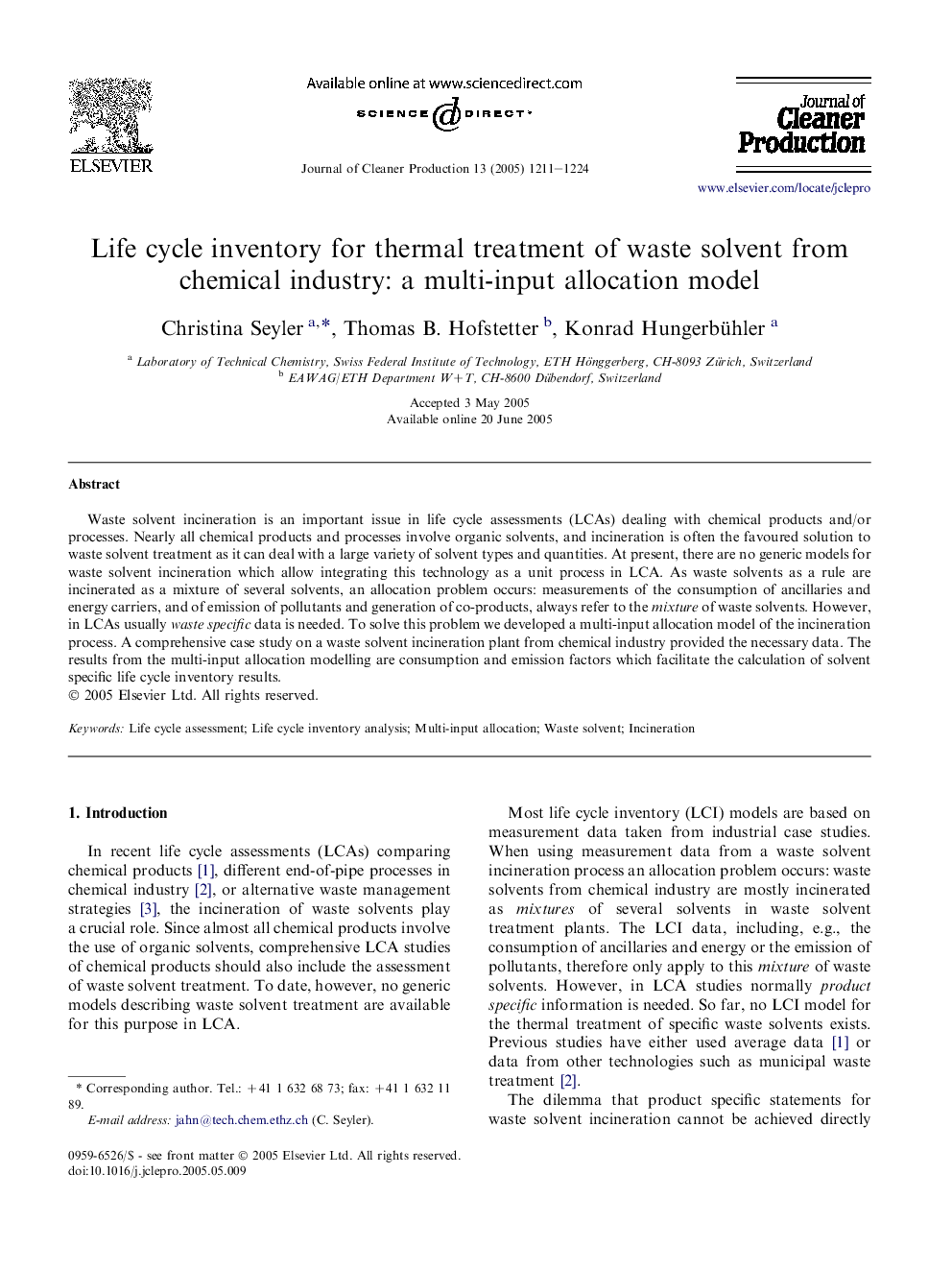 Life cycle inventory for thermal treatment of waste solvent from chemical industry: a multi-input allocation model