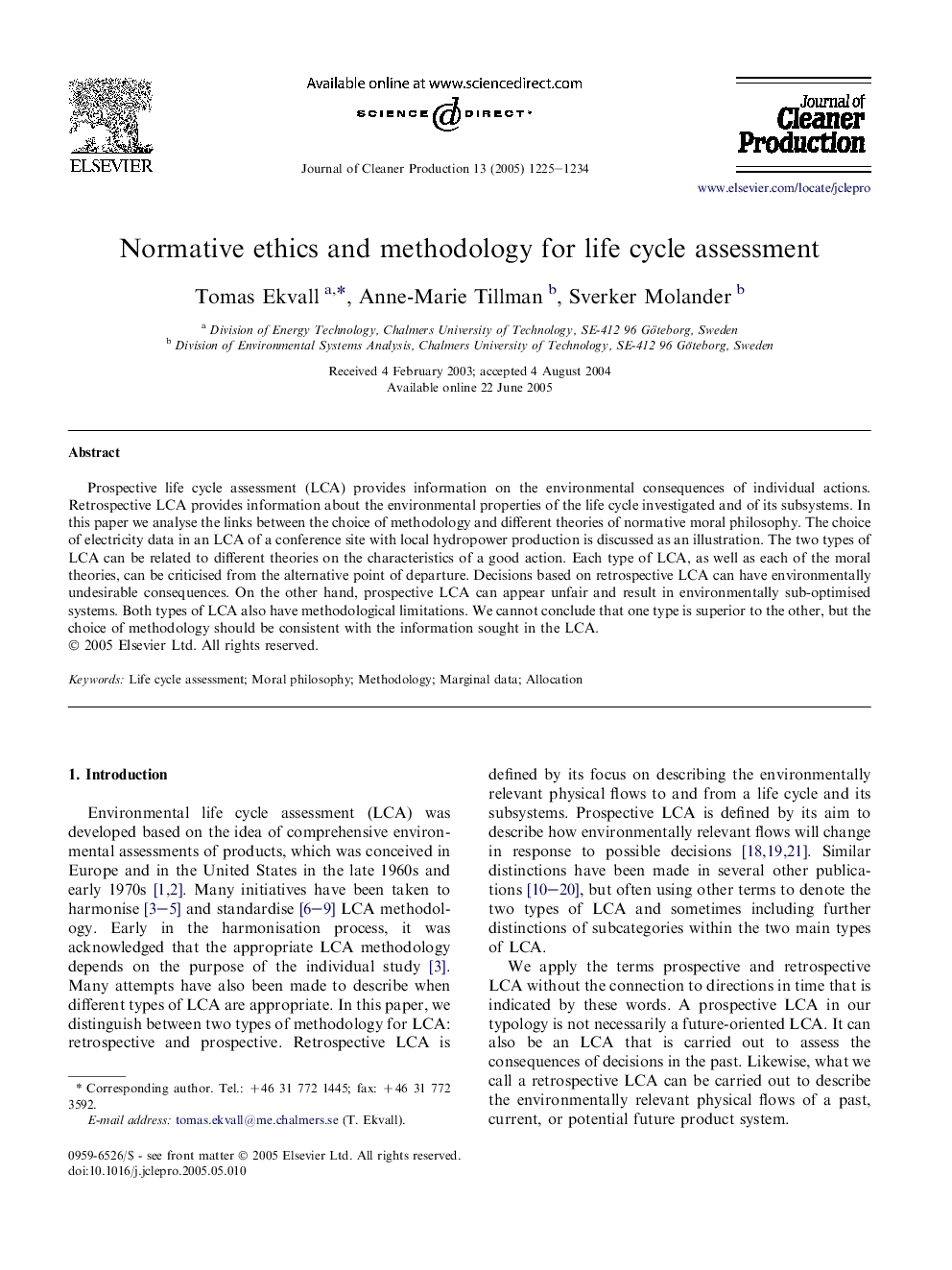 Normative ethics and methodology for life cycle assessment