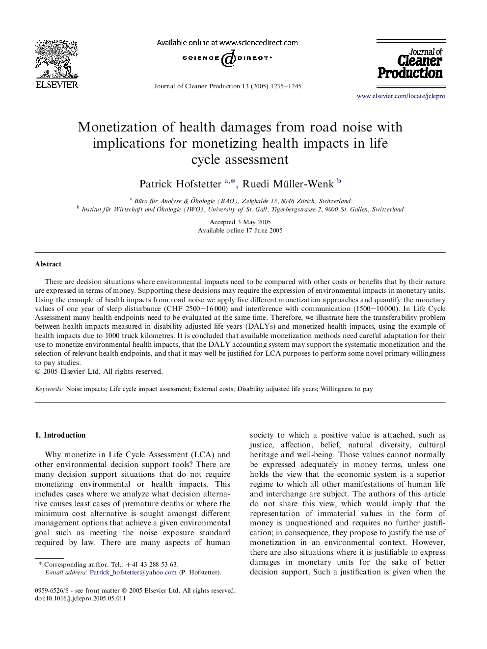 Monetization of health damages from road noise with implications for monetizing health impacts in life cycle assessment