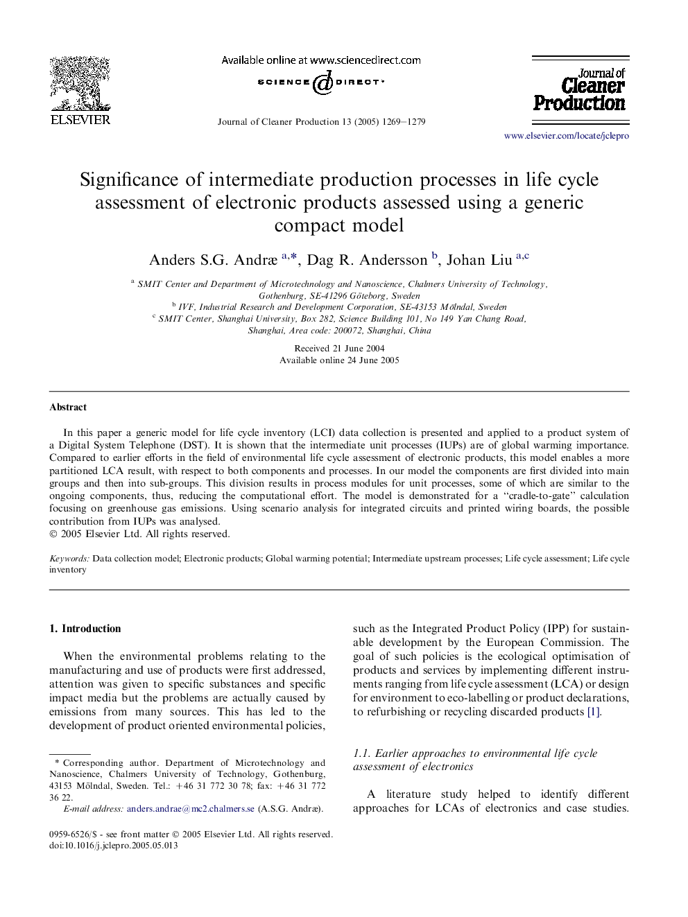عکس صفحه اول مقاله: Significance of intermediate production processes in life cycle assessment of electronic products assessed using a generic compact model Significance of intermediate production processes in life cycle assessment of electronic products assessed using a generic compact model