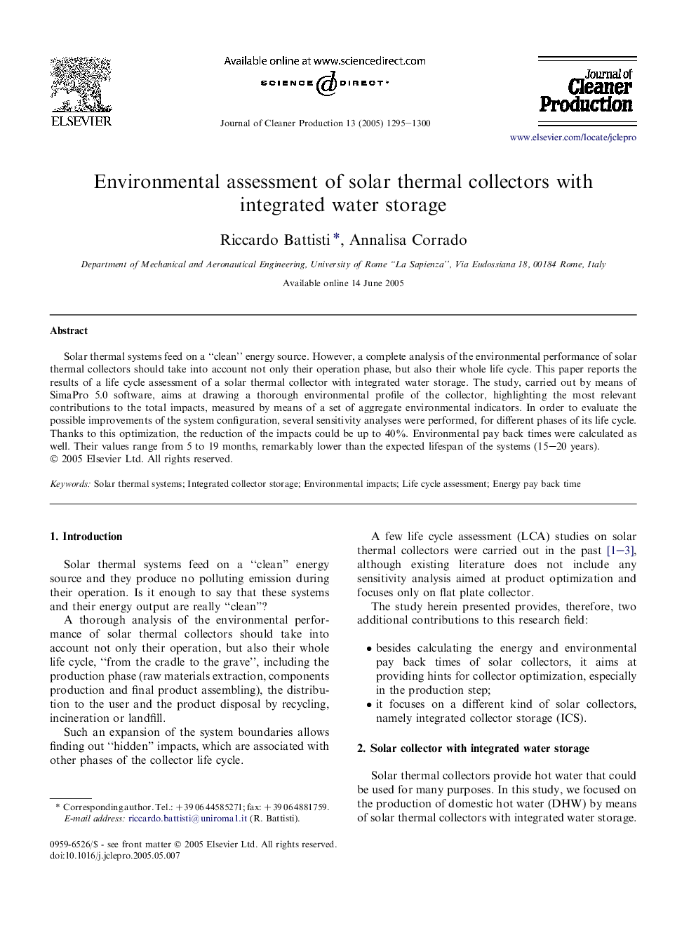 Environmental assessment of solar thermal collectors with integrated water storage