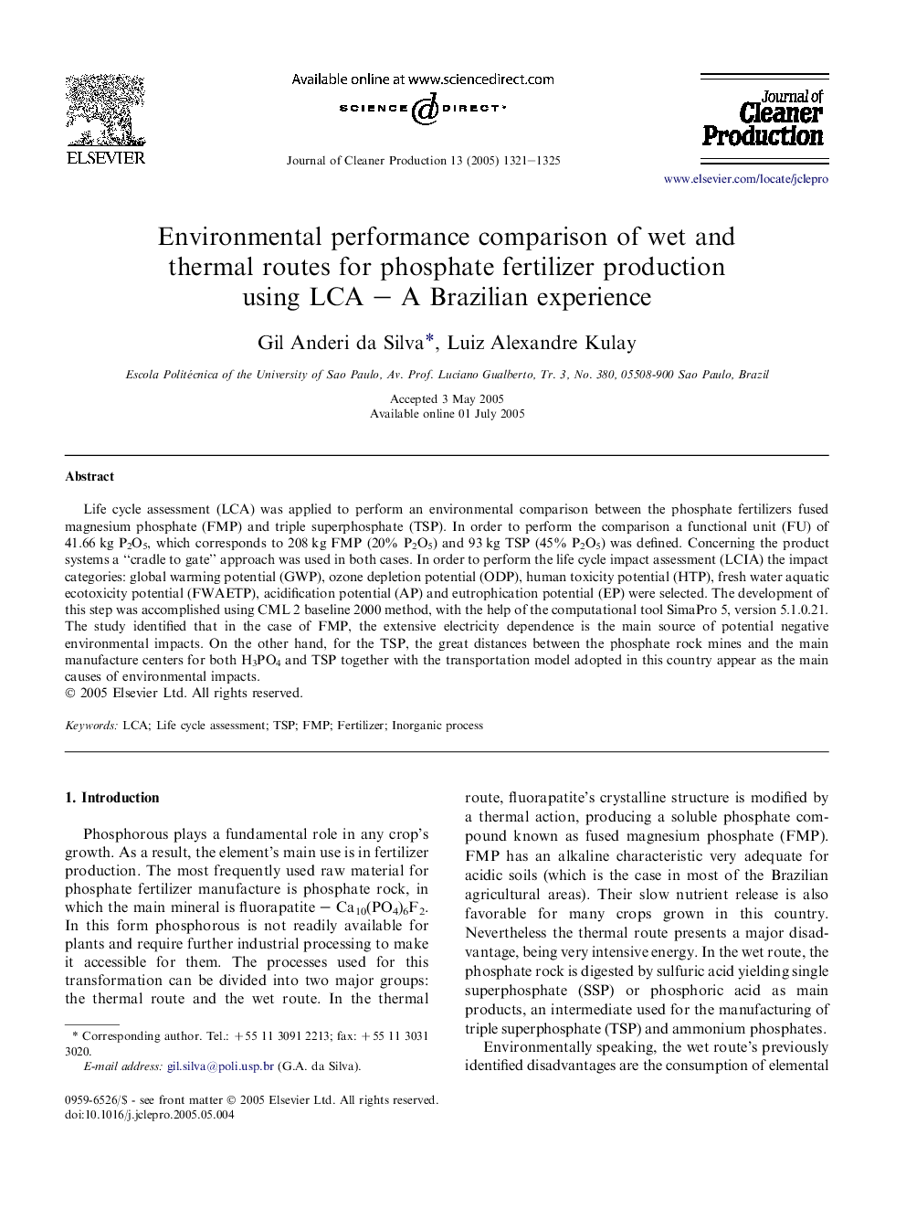 Environmental performance comparison of wet and thermal routes for phosphate fertilizer production using LCA - A Brazilian experience