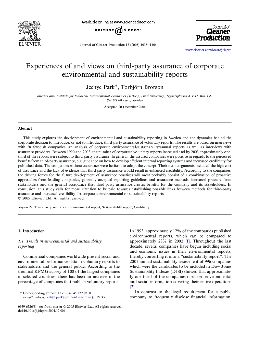 Experiences of and views on third-party assurance of corporate environmental and sustainability reports