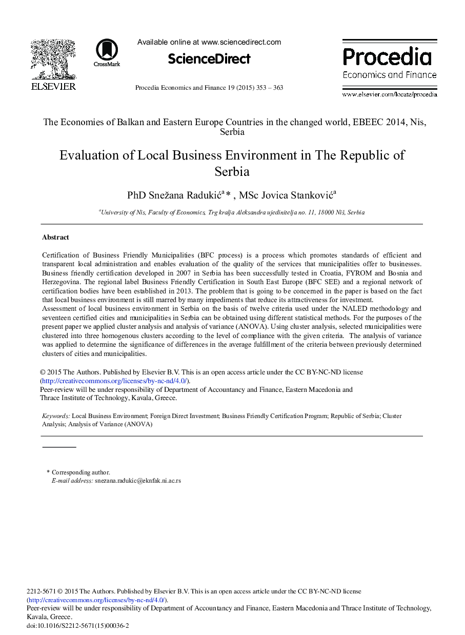 Evaluation of Local Business Environment in The Republic of Serbia 