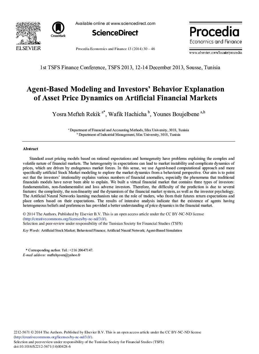 عکس صفحه اول مقاله: Agent-based Modeling and Investors’ Behavior Explanation of Asset Price Dynamics on Artificial Financial Markets Agent-based Modeling and Investors’ Behavior Explanation of Asset Price Dynamics on Artificial Financial Markets