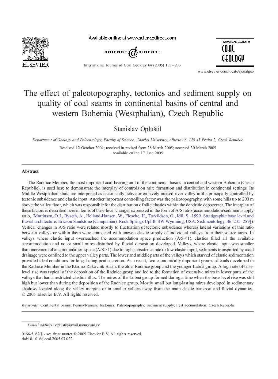 The effect of paleotopography, tectonics and sediment supply on quality of coal seams in continental basins of central and western Bohemia (Westphalian), Czech Republic