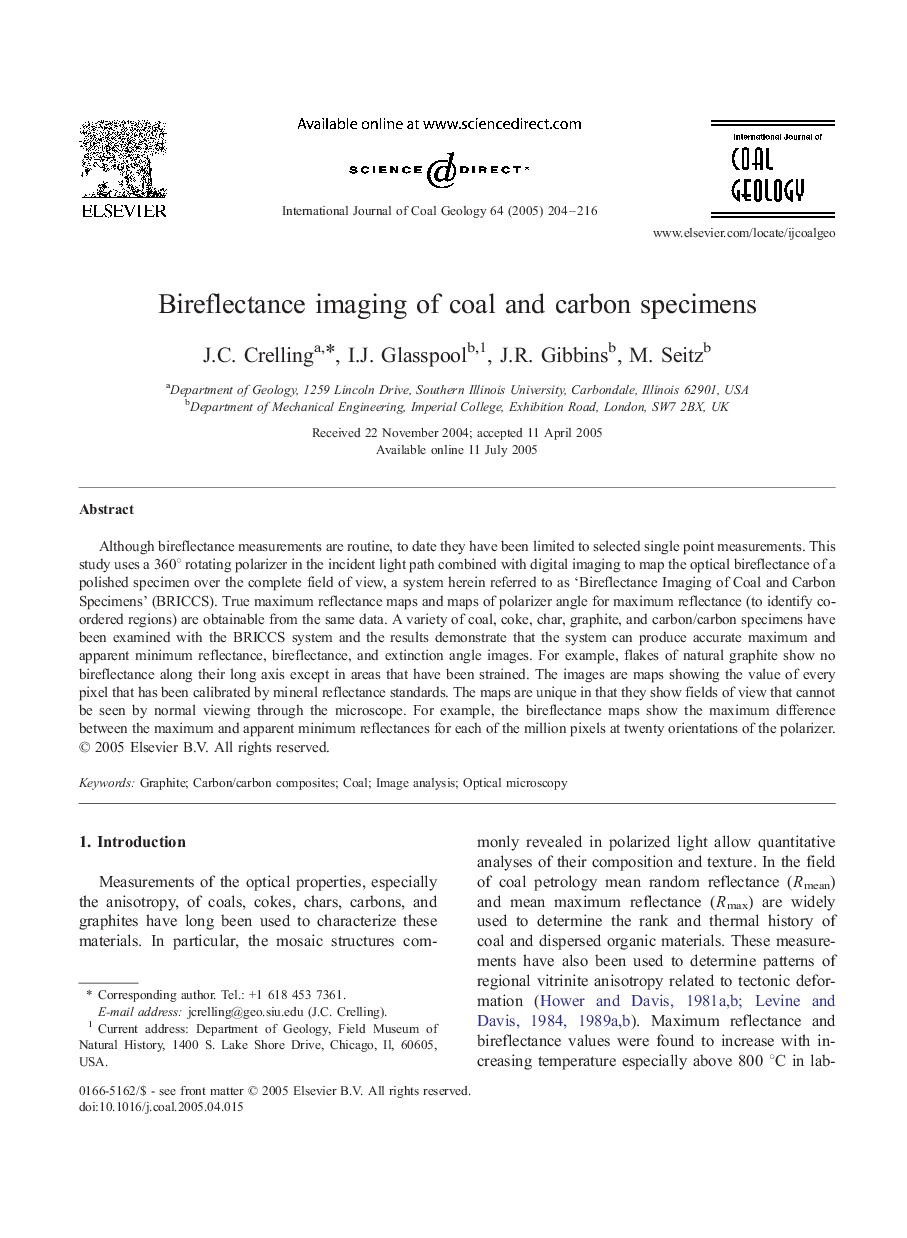 Bireflectance imaging of coal and carbon specimens