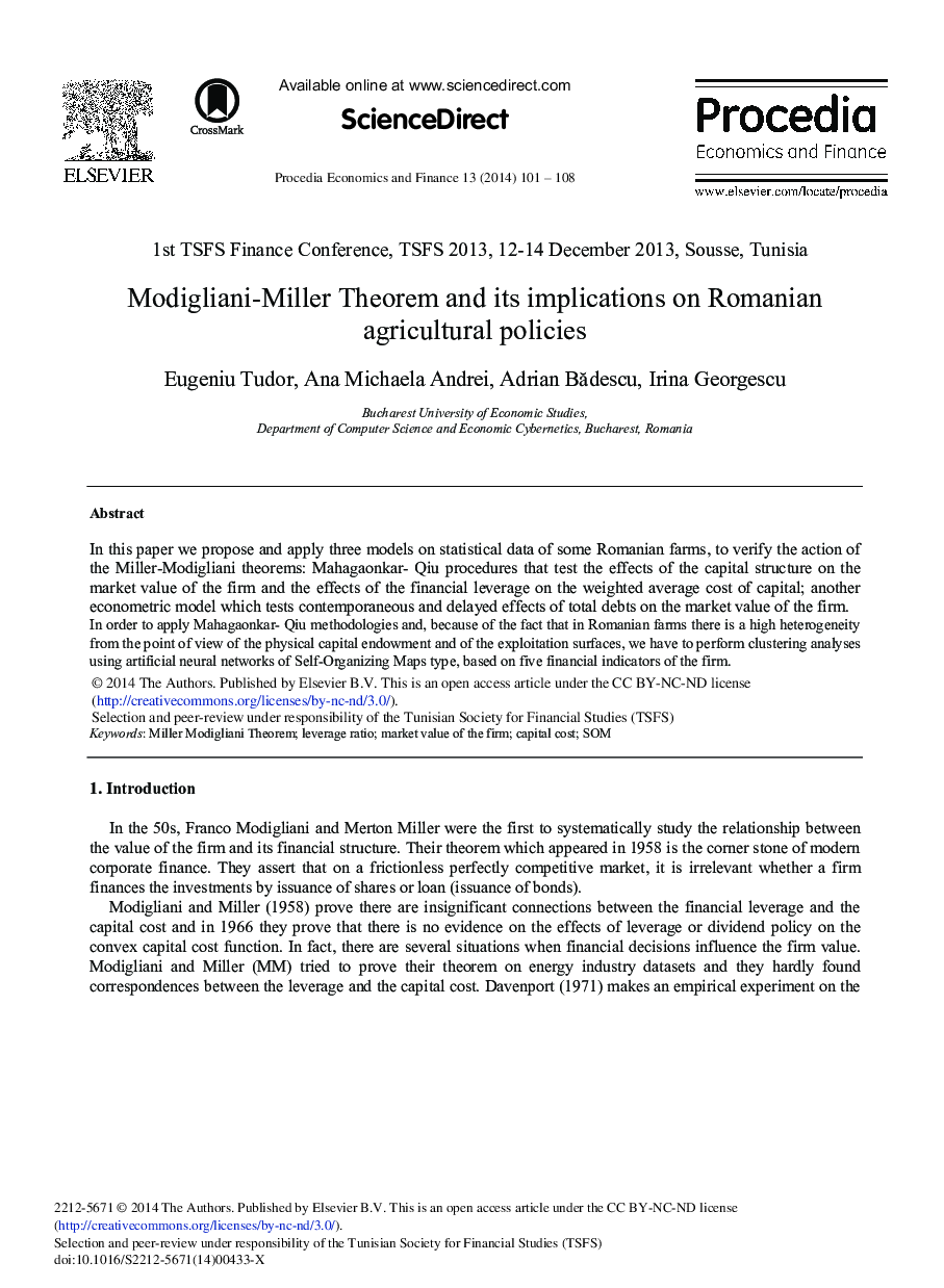 عکس صفحه اول مقاله: Modigliani-miller Theorem and its Implications on Romanian Agricultural Policies Modigliani-miller Theorem and its Implications on Romanian Agricultural Policies