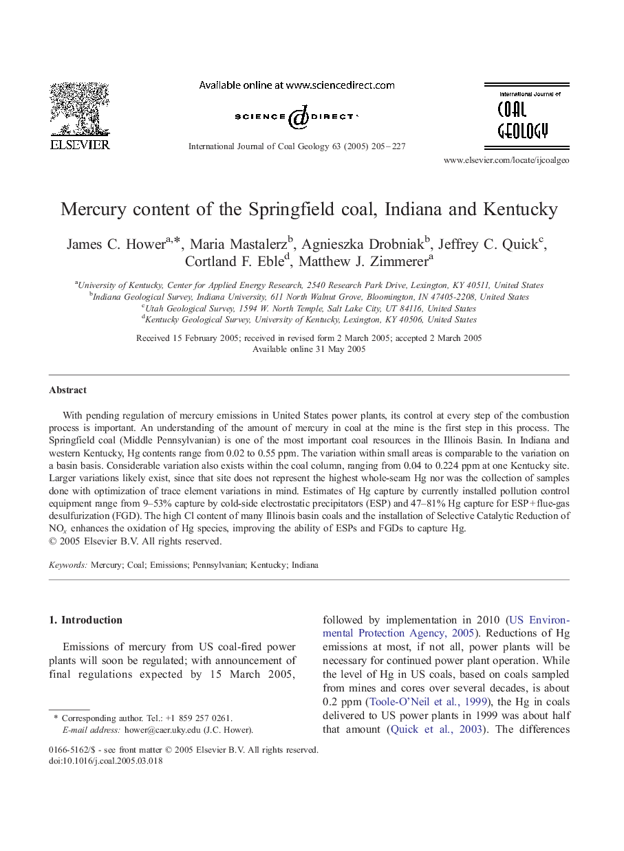 Mercury content of the Springfield coal, Indiana and Kentucky