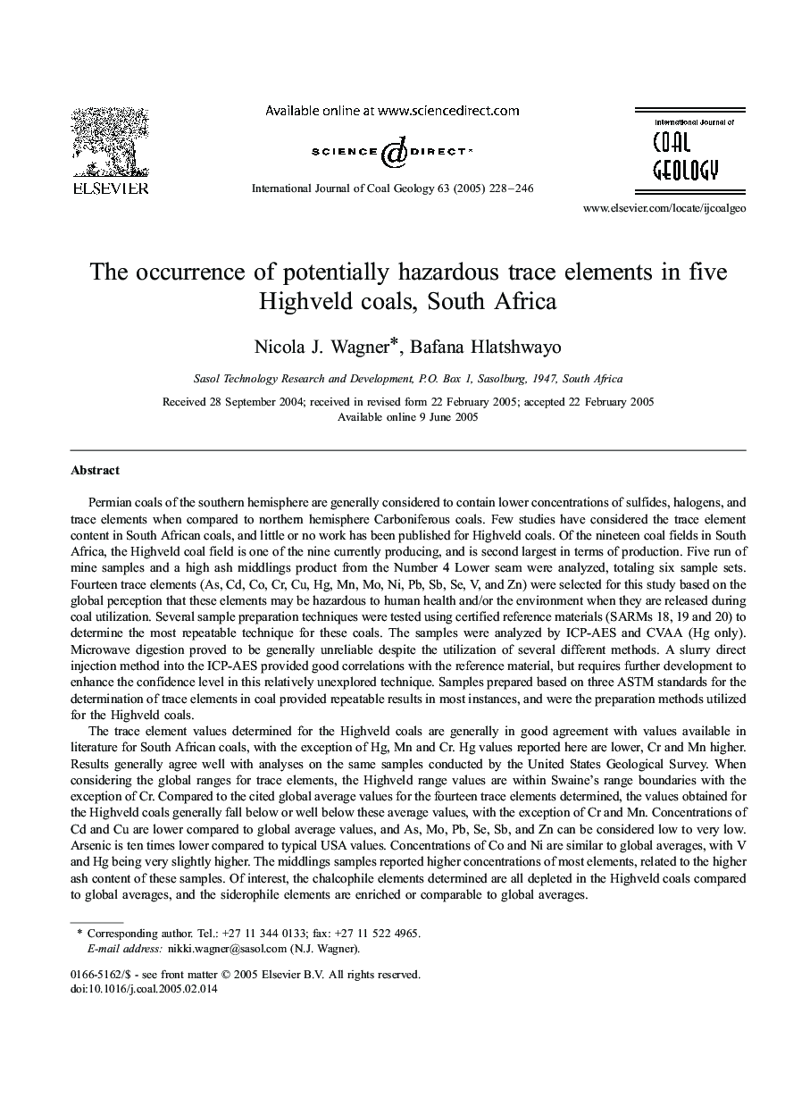 The occurrence of potentially hazardous trace elements in five Highveld coals, South Africa