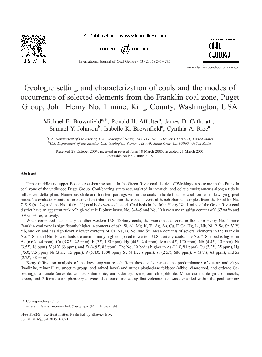 Geologic setting and characterization of coals and the modes of occurrence of selected elements from the Franklin coal zone, Puget Group, John Henry No. 1 mine, King County, Washington, USA