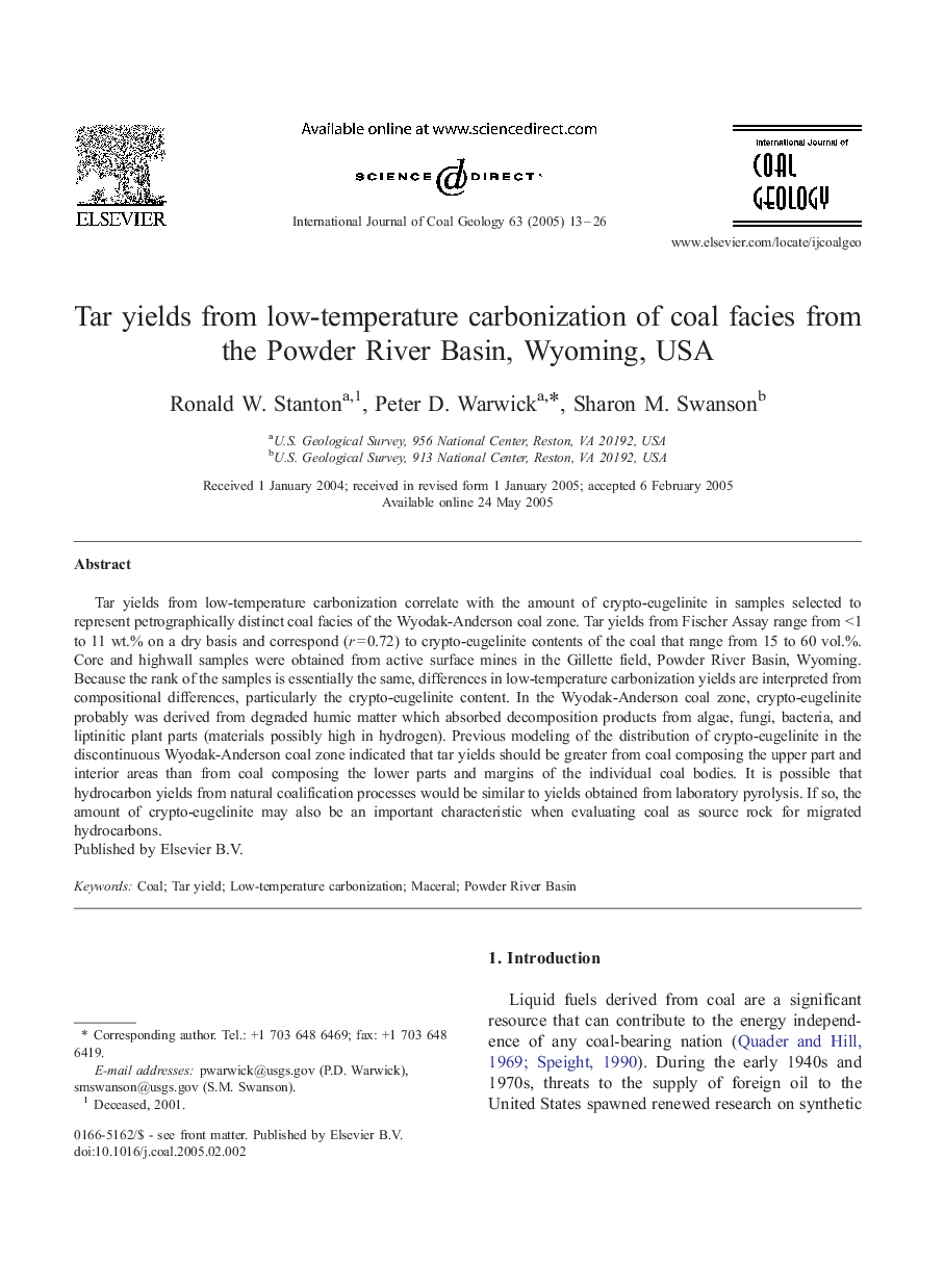 Tar yields from low-temperature carbonization of coal facies from the Powder River Basin, Wyoming, USA