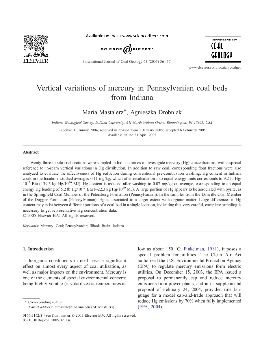 Vertical variations of mercury in Pennsylvanian coal beds from Indiana