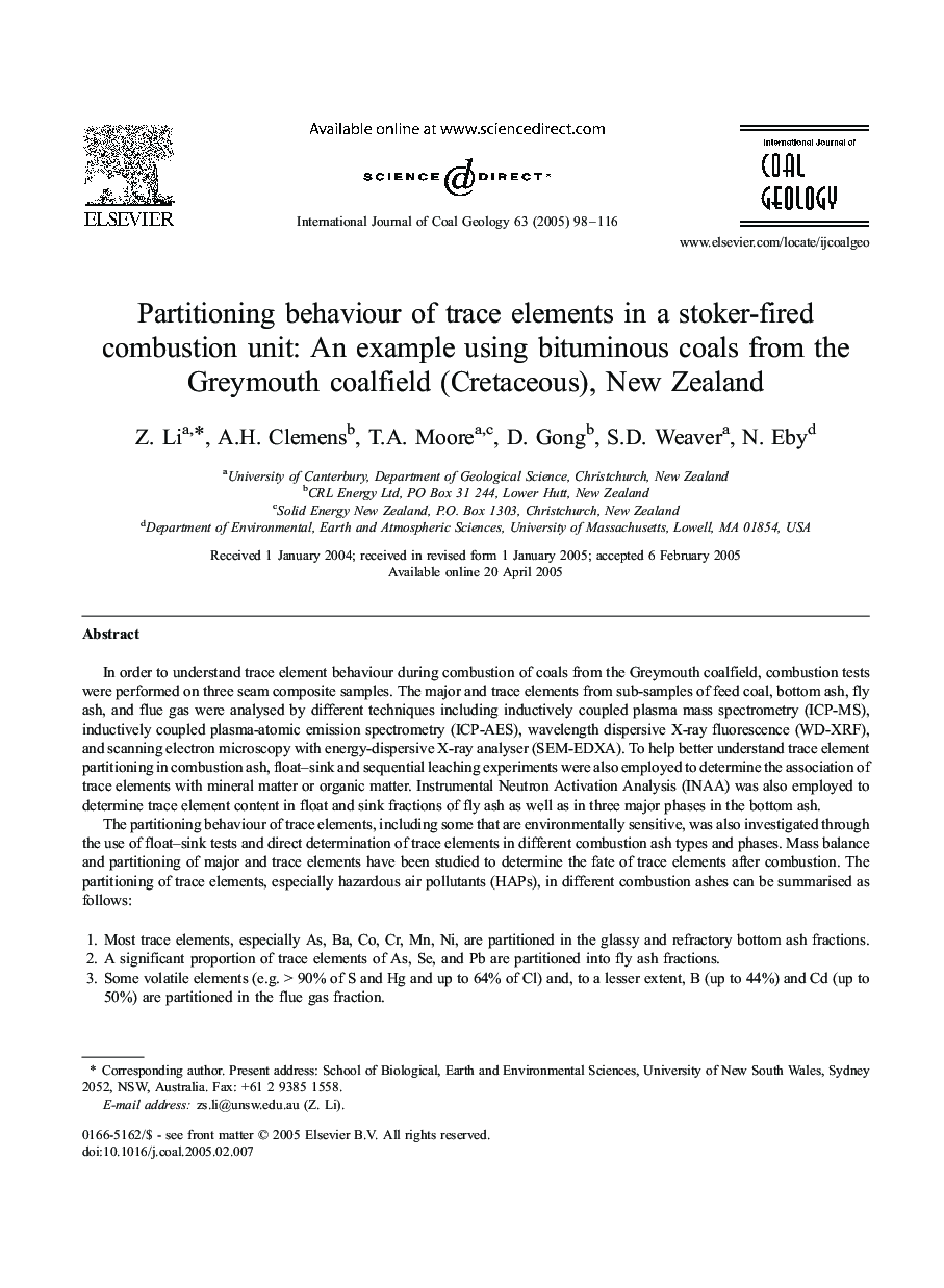 Partitioning behaviour of trace elements in a stoker-fired combustion unit: An example using bituminous coals from the Greymouth coalfield (Cretaceous), New Zealand