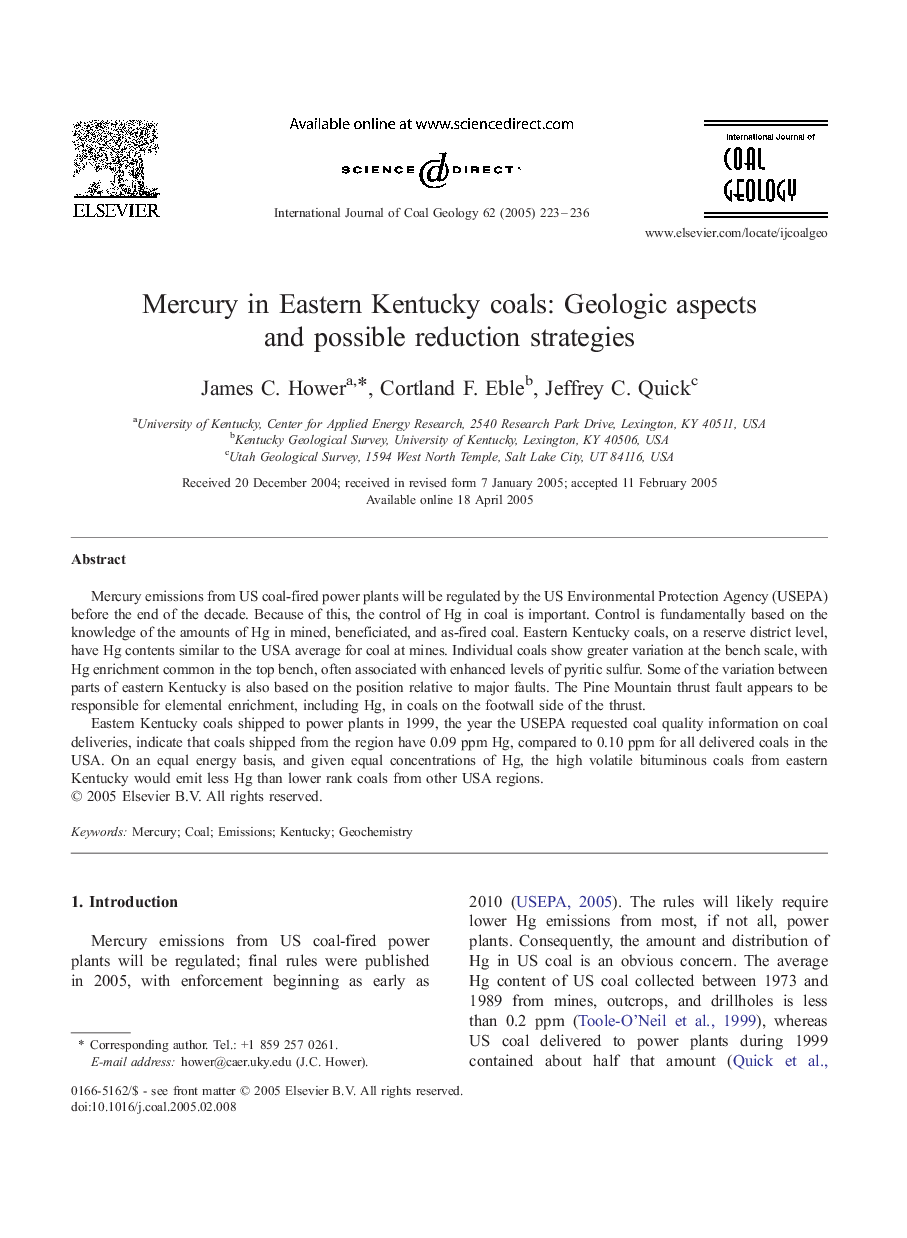 Mercury in Eastern Kentucky coals: Geologic aspects and possible reduction strategies