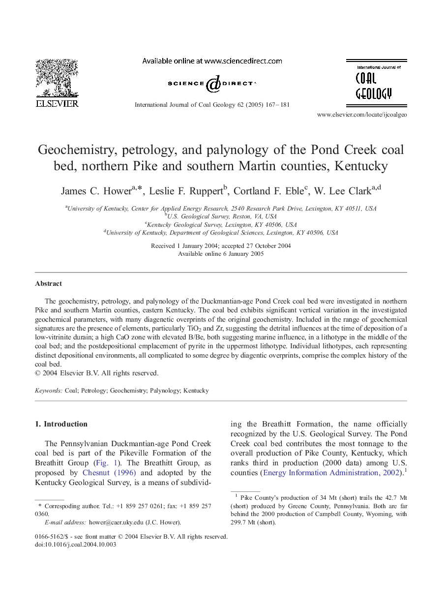 Geochemistry, petrology, and palynology of the Pond Creek coal bed, northern Pike and southern Martin counties, Kentucky