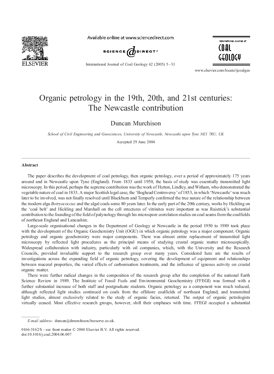 Organic petrology in the 19th, 20th, and 21st centuries: The Newcastle contribution