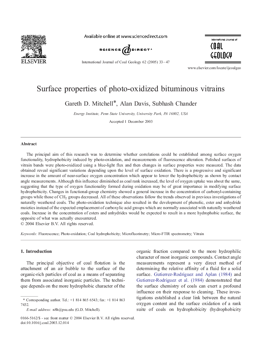 Surface properties of photo-oxidized bituminous vitrains