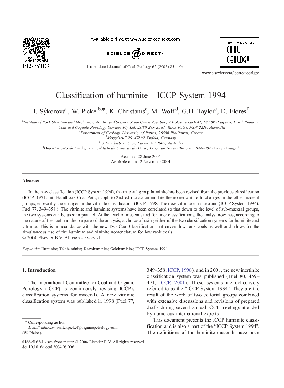 Classification of huminite-ICCP System 1994